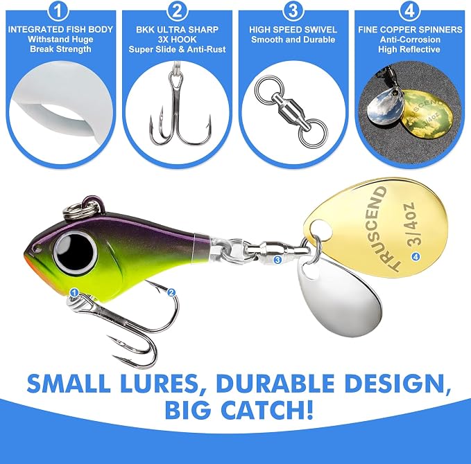 TRUSCEND Vibespinner Easy Catch Fishing Lures with BKK Hooks, Tail Spinner Baits with 4 Actions, Vibrating Swimming Flashing & Jigging for More Bites, Spoon Lures for Bass Trout Crappie Walleye Pike
