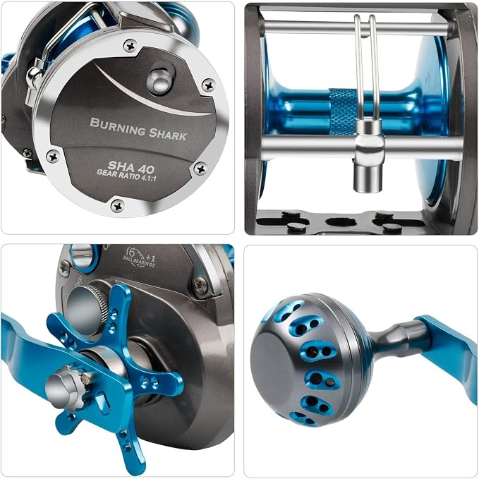 Burning Shark Trolling Reel Saltwater Level Wind Reels, Drag Reels Boat Fishing Ocean Fishing for Sea Bass Grouper Salmon