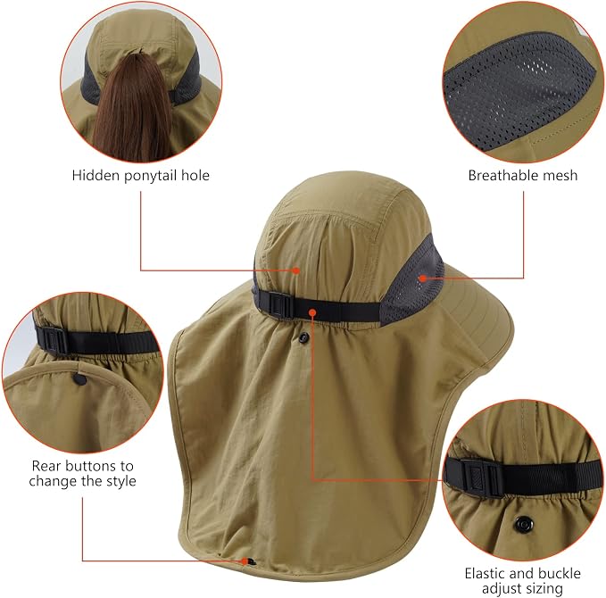 BASSDASH UPF 50+ Unisex Water Resistant Wide Brim Sun Hat with Large Neck Flap Ponytail Fishing Hat for Men Women