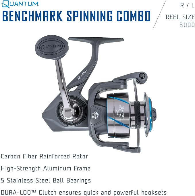 Quantum Benchmark Spinning Reel and Fishing Rod Combo, Graphite Composite Blank, 5+1 Bearings, Silver/Blue