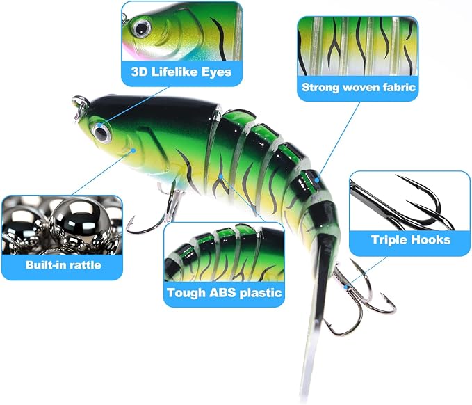 Bass Fishing Lures, Jointed Swimbait Glide Bait for Bass, Trout & Pike – Lifelike Fishing Lure with 3D Eyes, Built-in Rattle Chamber, Triple Hook – Realistic Fishing Lures for Freshwater & Saltwater