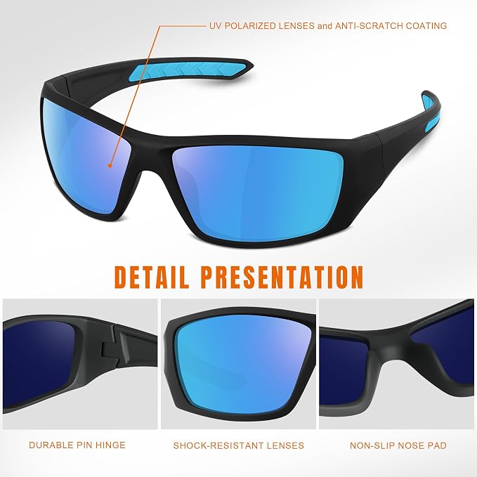 Polarized Sports Sunglasses for Men Women - Wrap Around Sun Glasses UV Protection for Fishing Running Driving
