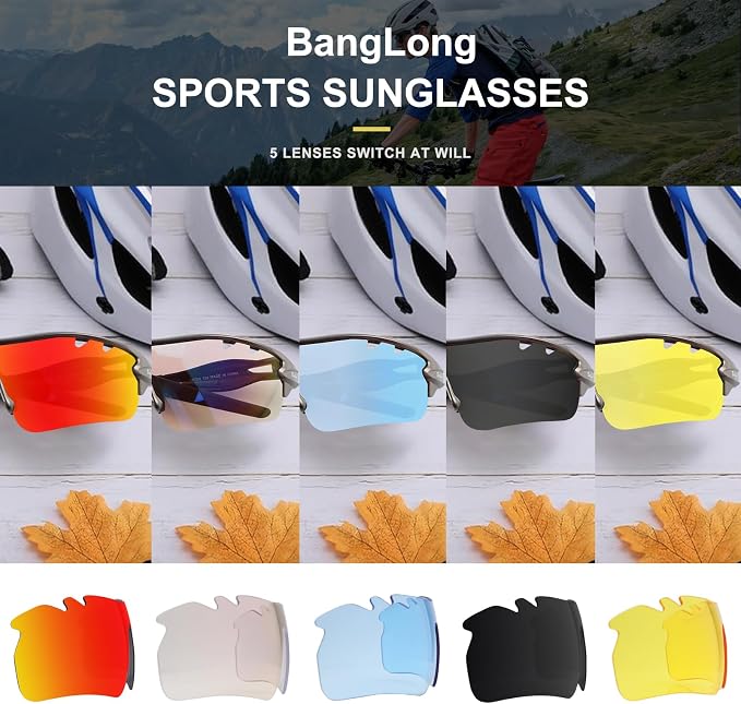 BangLong Polarized Cycling Sunglasses for Men Women, 26g Sports Sunglasses with 5 Lenses for Running Fishing Baseball Driving