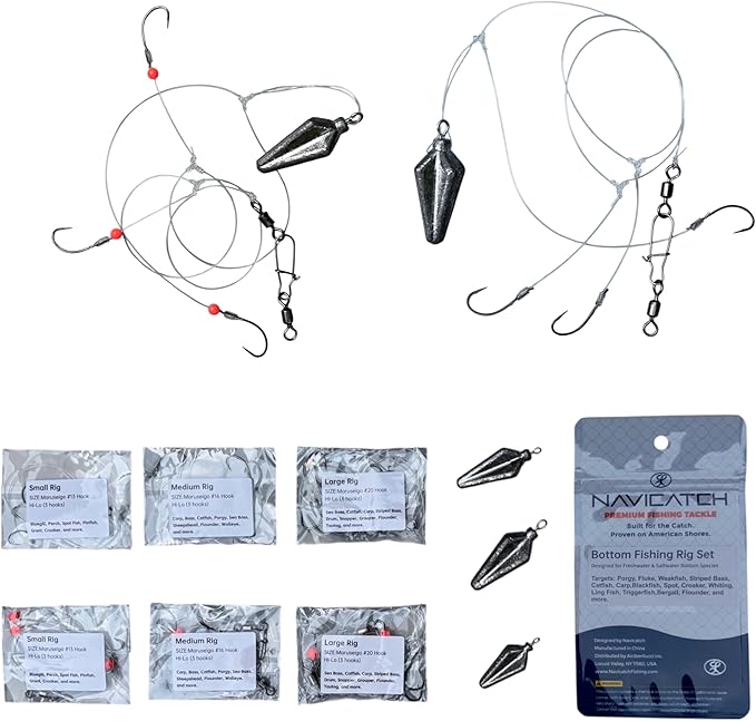 Catfish, Scup (Porgy) & Sea Bass Rig – 3-Hook Hi-Lo Bottom Fishing Kit – Hand-Tied Japanese Hooks with PE Line – Saltwater & Freshwater – USA-Designed