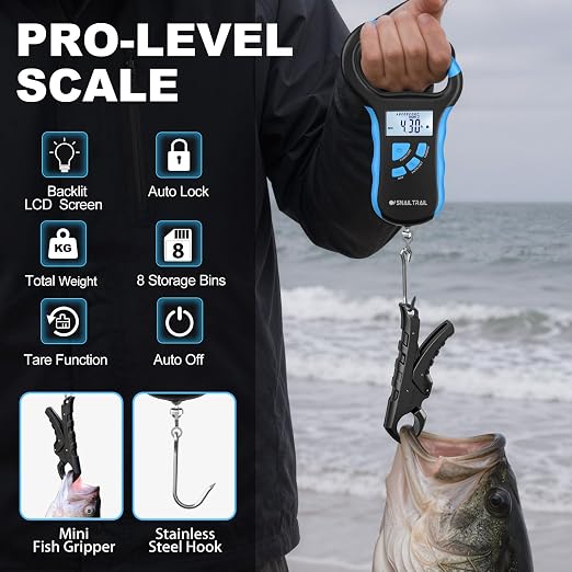 SNAIL TRAIL 8 Storage Bins Digital Fishing Scale & 4.6'' Lip Gripper, Backlit LCD Display, Multi-Mode(LB, OZ/LB & KG), Ergonomic Handle, 50 lbs Tournament Bass Fish Weigher for Anglers