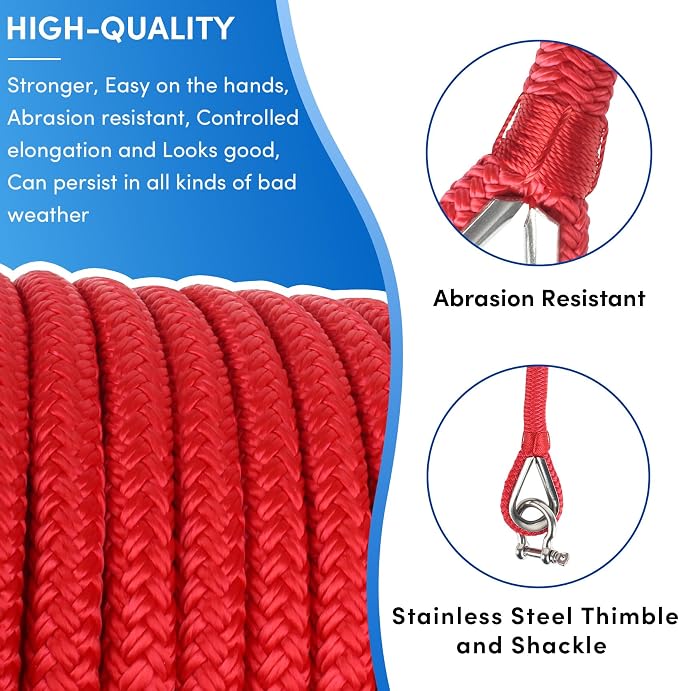 Boat Anchor Rope 100 ft x 3/8 inch Red, Double Braided Anchor Line with Stainless Steel Thimble & Shackle, Marine Rope Ideal for Towing,Mooring,Decks,Anchoring,for Boats Up to 27'