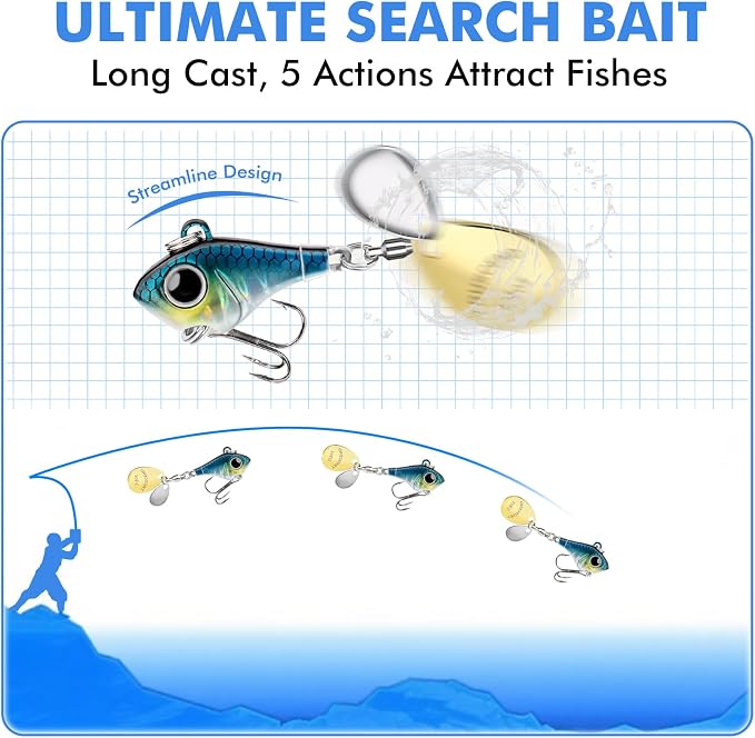 TRUSCEND Vibespinner Easy Catch Fishing Lures with BKK Hooks, Tail Spinner Baits with 4 Actions, Vibrating Swimming Flashing & Jigging for More Bites, Spoon Lures for Bass Trout Crappie Walleye Pike