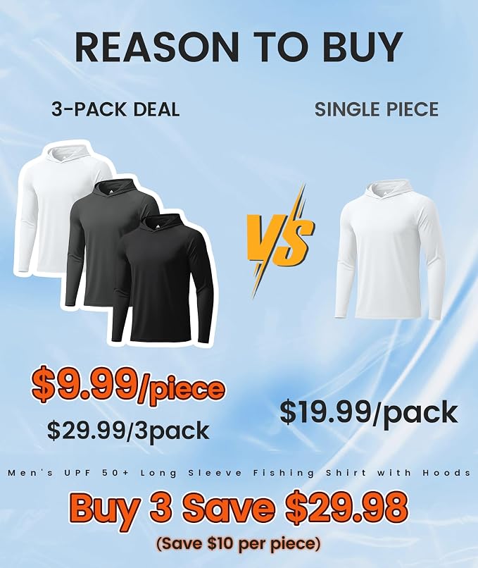 ZITY 3 Pack Men's Sun Protection Hoodie Shirt Fishing Shirts for Men UPF 50+ Long Sleeve Shirt Lightweight Rash Guard