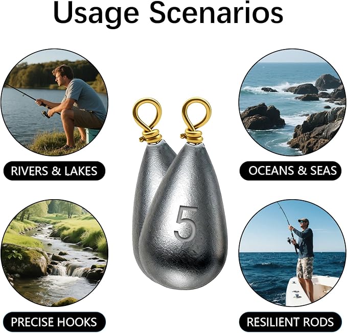 Casting Sinker Weights Assortment, Teardrop Fishing Sinkers with Brass Swivel Loops, 1/8 oz to 3/4 oz, Drop Shot Weights for Bass Catfish, Freshwater Saltwater