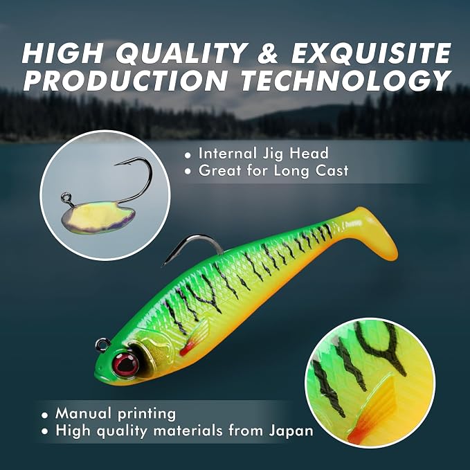 GOTOUR Pre-Rigged Soft Fishing Lures with Weedless Hook, Lifelike Paddle Tail Swimbaits for Bass Fishing, Freshwater & Saltwater Fishing Bait, Fishing Tackle for Bass, Pike, Trout, and Walleye