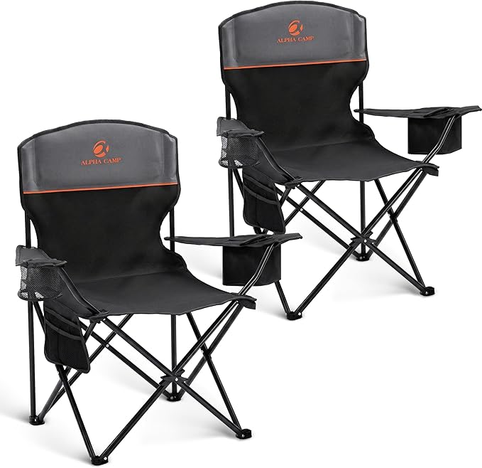 ALPHA CAMP 2-Pack Camping Chair with Cooler Bag, Heavy Duty 250lbs Capacity Folding Chair with Lumbar Support & Side Pocket, Portable Quad Chairs for Beach Fishing Tailgating & Sideline Sport