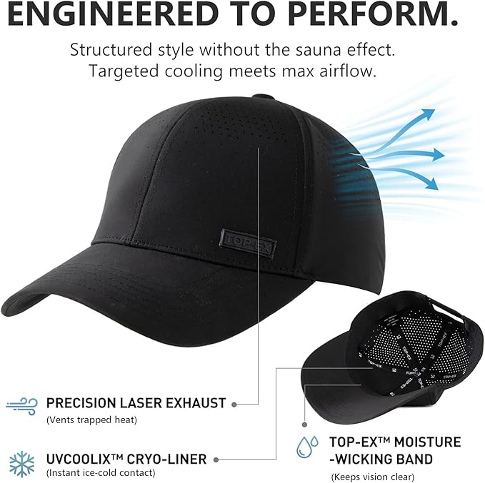 TOP-EX Performance Baseball Cap Water-Resistant Beathable Golf Running Cap Laser Cut Mesh Ball Curved Brim Snapback Hat