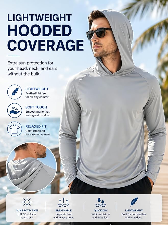 ZITY 3 Pack Men's Sun Protection Hoodie Shirt Fishing Shirts for Men UPF 50+ Long Sleeve Shirt Lightweight Rash Guard
