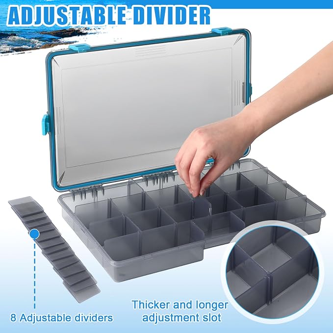 Wonderjune 6 Pack Fishing Tackle Boxes Waterproof 3600 and 3700 Tackle Trays with Removable Dividers Plastic Storage Organizer Bait Vault Camouflage Box for Freshwater Saltwater (Blue,3700)