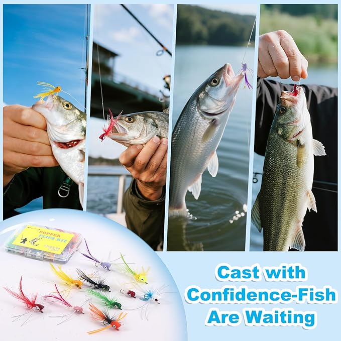 Fly Fishing Poppers Flies, Fly Popper Lures Bass Bluegill Crappie Trout Salmon Panfish Perch Popper Flies Kit for Fly Fishing