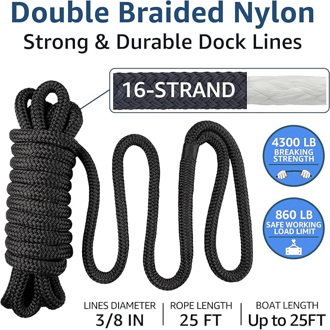 Boat Dock Lines 2 Pack 3/8" x 25' Double Braided Nylon Boat Ropes for Docking with 12" Loop, Marine Grade High Strength Boat Lines, Premium Marine Rope Mooring Lines, Easy Handling, Black