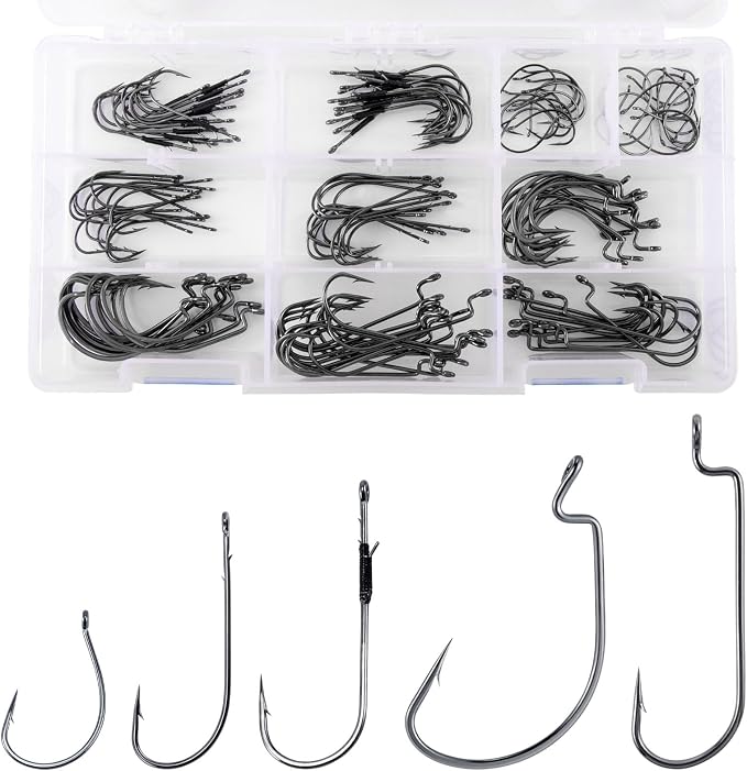 Dr.Fish Bass Hook Assortment, EWG, Round Bend, Drop Shot, Heavy Cover, Freshwater Fishing Worm Hooks Kit with Tackle Box, Texas Rig, Wacky, Punching Flipping