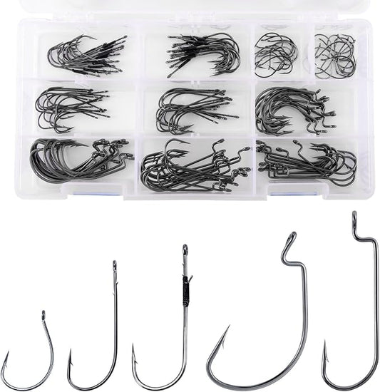 Dr.Fish Bass Hook Assortment, EWG, Round Bend, Drop Shot, Heavy Cover, Freshwater Fishing Worm Hooks Kit with Tackle Box, Texas Rig, Wacky, Punching Flipping