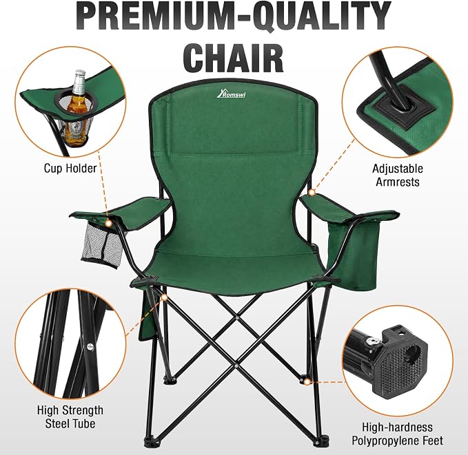 Camping Chairs for Adults 400LBS Capacity, 2 Pack Heavy Duty Folding Chair with 4-Can Cooler Bag, Portable Outdoor Chair with Cup Holder, Collapsible for Tailgating, Beach, Fishing, Green