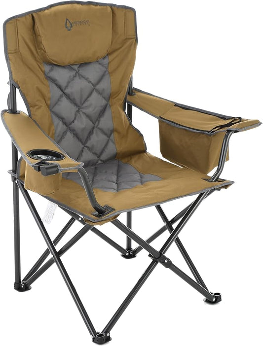 ARROWHEAD OUTDOOR Deluxe Folding Camp Chair – 550lb Capacity Heavy-Duty Quad Chair with Integrated Cooler, Headrest, and Dual Cup Holders.