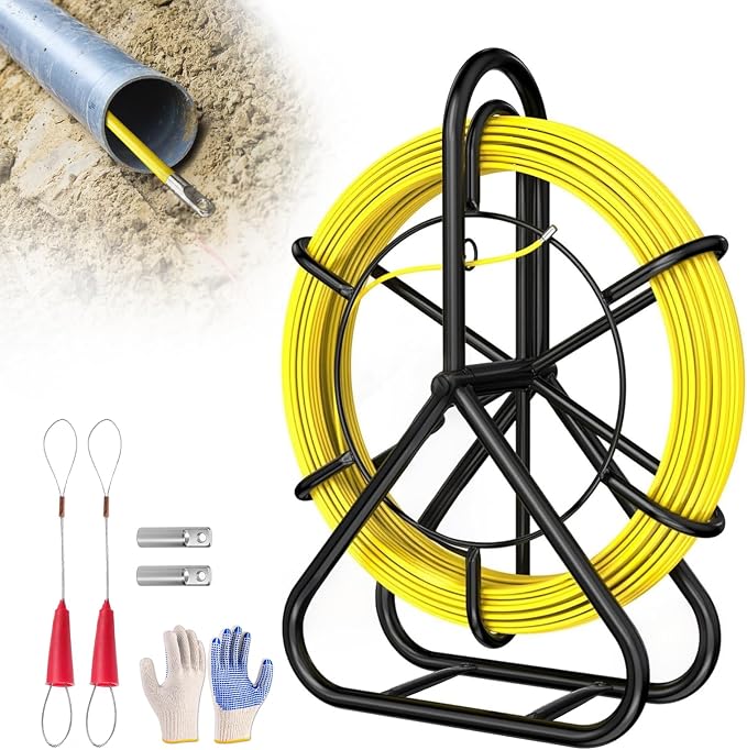 492FT 1/4 inch(6MM) Fish Tape Fiberglass with Meter Markings, Duct Rodder Cable Puller with Steel Reel Stand, Fishing Tools for Walls and Electrical Conduit, Non-Conductive