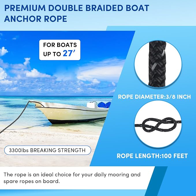 Anchor Rope 100 ft x 3/8 inch Black, Double Braided Anchor Line with Stainless Steel Thimble & Shackle, Boat Rope with Reflective Strip Ideal for Towing,Mooring,Anchoring,for Boats Up to 27'