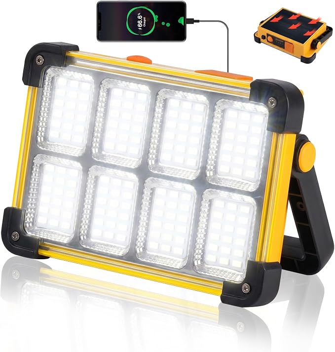 120W LED Solar Work Light, 144 LED 10000LM Portable Flood Light with Stand, 4 Modes Rechargeable, IP65 Waterproof Outdoor Working Light for Camping, Fishing, Car Repair & Mechanics (Yellow)