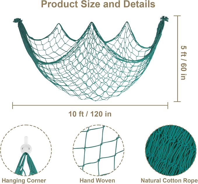 10x5 Feet X-Large Decorative Fishing Net for Party - 2 Pack Aqua Fish Net Decor Mermaid Net Under The Sea Hawaiian Party Decorations, 3mm Natural Cotton Nautical Netting Wall Table Ocean Beach Decor