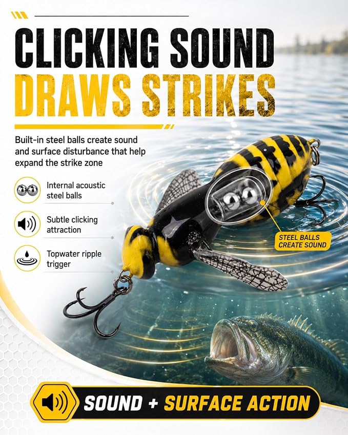 2026 New Bionic Wasp Crawl Bait-Topwater Micro Fishing Lure with Acoustic Noise Steel Balls for Bass & Pike Professional Anglers,Realistic Freshwater and Saltwater-W/Carbon Steel