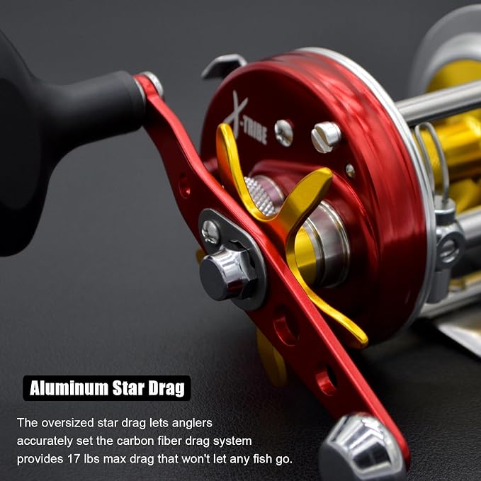 X-Tribe Round Baitcasting Fishing Reel, Synchronized Level Wind System, 17 LBs Powerful Carbon Drag, 5.3:1 Gear Ratio, Single Power Handle, All Metal Frame and Side Covers for Saltwater