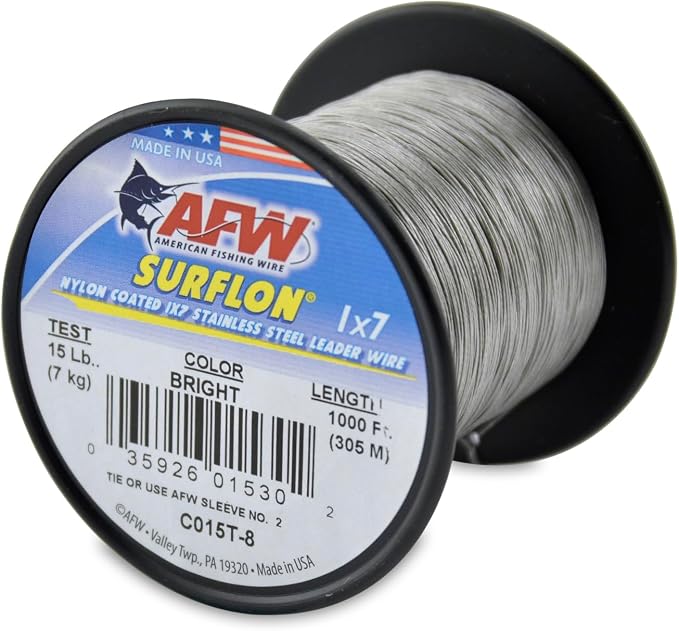 American Fishing Wire Surflon Nylon Coated 1x7 Stainless Steel Wire Leader - Wire Fishing Leader Line for Saltwater 10lb Up To 250lb Test in Bright, Black, Camo in 30ft, 100ft, 300ft, & 1000ft Lengths