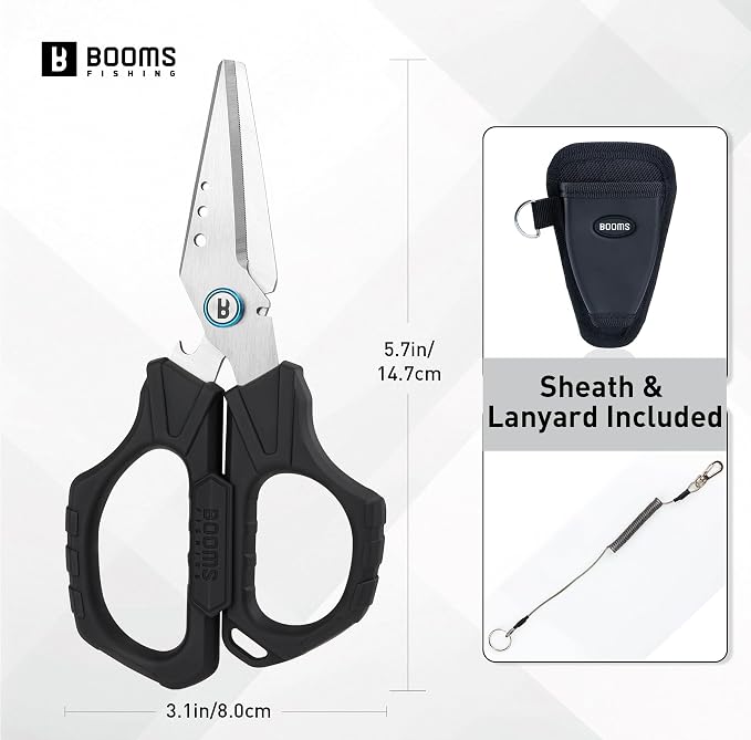 Booms Fishing Braided Line Cutter: 6.3in Multifunction Fishing Scissors with Retractor - Fishing Shears with Serrated Blades and Side Wire Cutter, S04