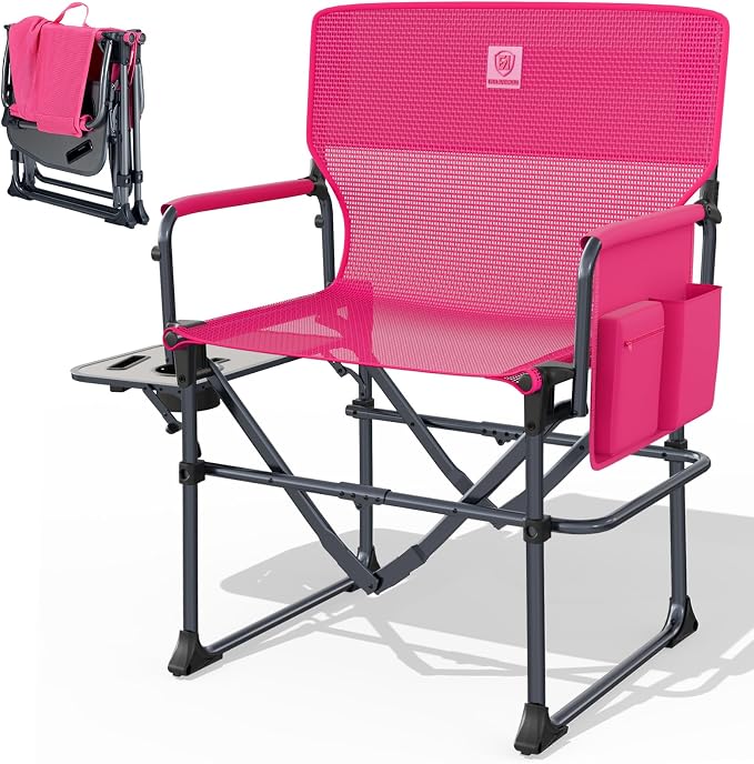 EVER ADVANCED Camping Directors' Chair with Side Table, Portable Folding with Compact Size, Breathable & Quick Dry Design Heavy Duty Lawn Chair with Pocket, 400lbs, Textilene Mesh, Pink