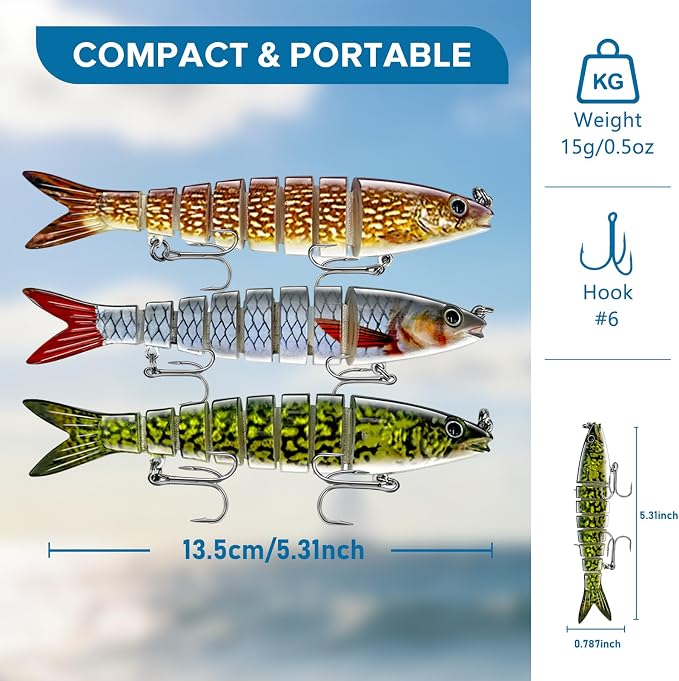 Keenjorika Fishing Lures Multi Jointed Fish Fishing Kits, Slow-Sinking Lifelike Segmented Swimbait Crankbaits, Realistic Swimming Action for Bass, Trout, Pike & Walleye, Freshwater and Saltwater