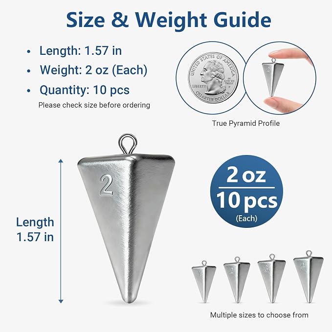 Pyramid Sinkers Fishing Weights Assortment 1oz-4oz, Surf Casting Sinkers for Saltwater Beach Fishing, Triangle Lead Weights Anti Roll Strong Hold