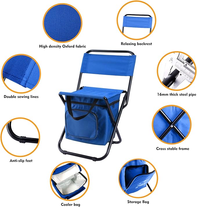 LEADALLWAY Fishing Chair with Cooler Bag Compact Fishing Stool Foldable Small Hunting Chair 12.2" Seat Depth,12.6" Seat Width