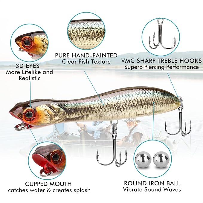 TRUSCEND Popobait Easy Catch Fishing Lures with BKK Hooks, Instant Startup, Longer Cast, Balanced Spray/Sound/Swim, Plopper Topwater Lures for Bass, Trout, Pike, Walleye, Freshwater Saltwater Fishing