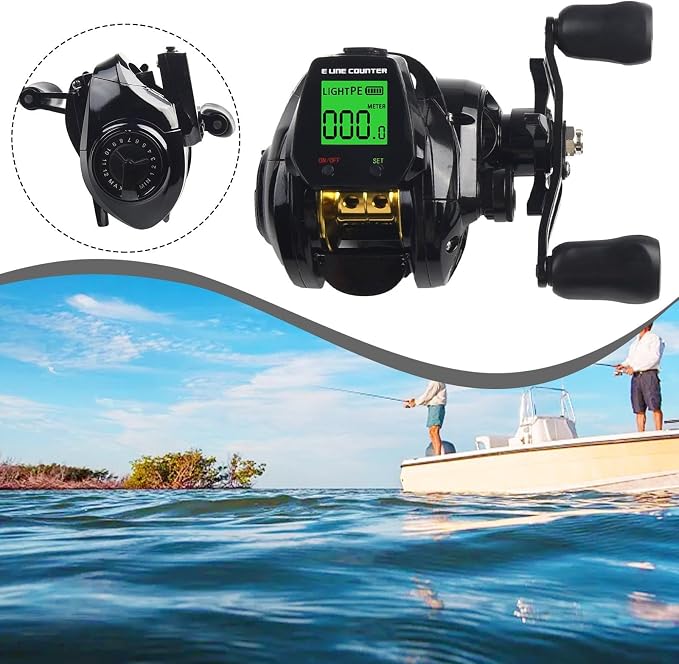 Digital Baitcasting Fishing Reel with Bite Alarm and Line Counter, 7.2:1 High Speed Gear Ratio, USB Rechargeable, 0-12 Adjustable Braking System