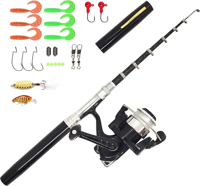 Portable Small Pen Fishing Rod Spinning Reel Combos, 38" 55" Compact Telescopic Fish Pole Kits for All Season Fishing in Rivers, Lakes, Ice, etc.