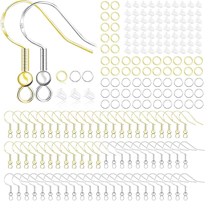 Hypoallergenic Earring Hooks 800 PCS/125 Pairs, Silver Plated Fish Hooks,500pcs Earring Making Kit with Jump Rings and Clear Silicone Earring Backs Stoppers for DIY Jewelry Making