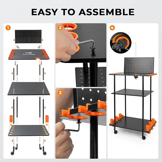 KastKing V12 Gear Trolley, Indoor Fishing Rod Holder for 12 Combos, 3-Tier Fishing Rod Rack With Peg Wall, Patented Built-in Line Spooler, Mobile Tackle Storage Cart With Locking Wheels
