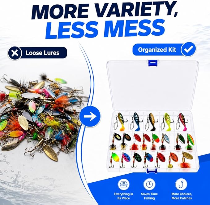 Fishing Spinner Lures Kit 10/15/16/20PCS, Inline Spinner Baits with Treble Hooks and Feather Tails, Metal Fishing Lures for Trout Bass Salmon Panfish, Multi-Color Freshwater Fishing Tackle Set