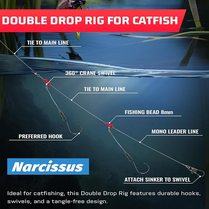 Narcissus Double Drop Saltwater Fishing Rig – Mono 2 Hook Bottom Rigs with Swivels & Snaps, Pre-Tied Surf Pier Boat Leader Line for Snapper, Bass, Mackerel, Catfish