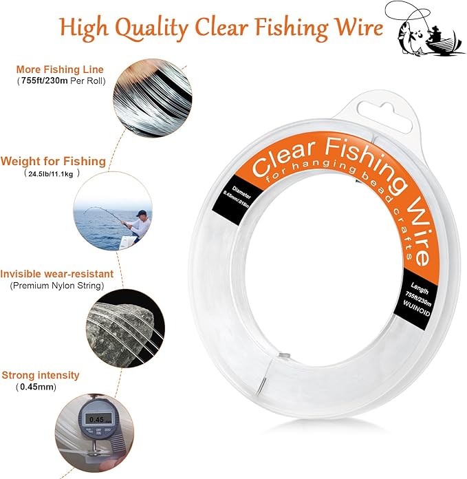 Clear Fishing Line Wire 755 ft, Invisible Monofilament Fishing Line Wire, Nylon String for Hanging Balloons Garland Crafts Picture Decorations, Clear String Threads Cords WUINOID