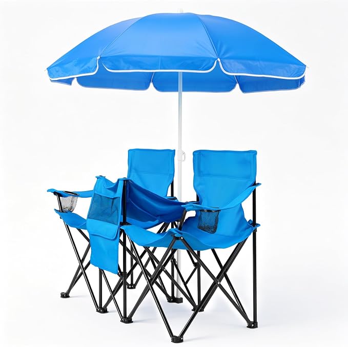 Heavy Duty Double Folding Camping Chair with Removable Adjustable Umbrella, 2 Person XL Beach Chair with Built-in Cooler Bag, Cup Holders & Side Pocket, Portable 529lbs Capacity, Blue