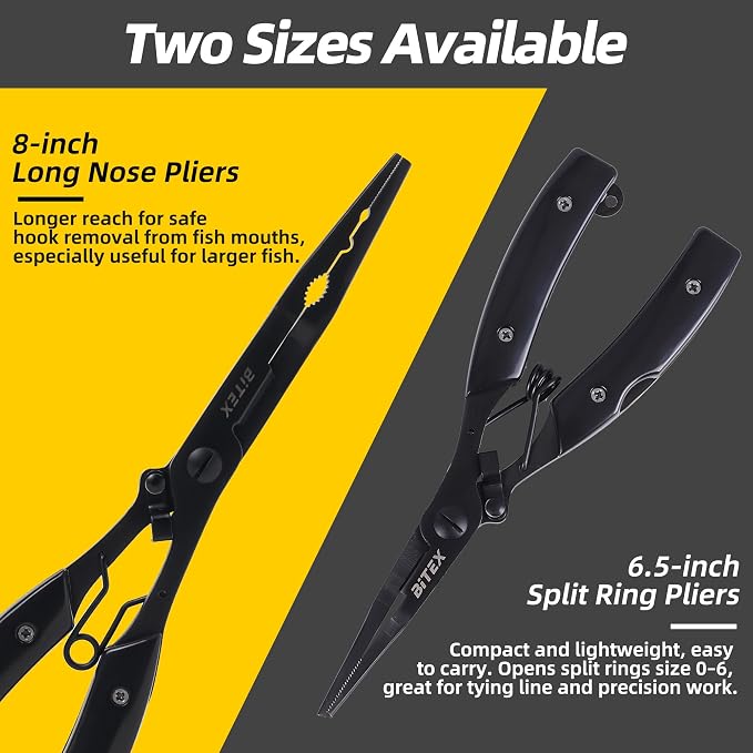 BiteX Saltwater Fishing Pliers with Split Ring Tip and Braid Cutter | Titanium-Coated Stainless Steel, Braid Line Cutter, Hook Remover & Knot Tying Tool, One-Hand Operation, Lanyard & Sheath