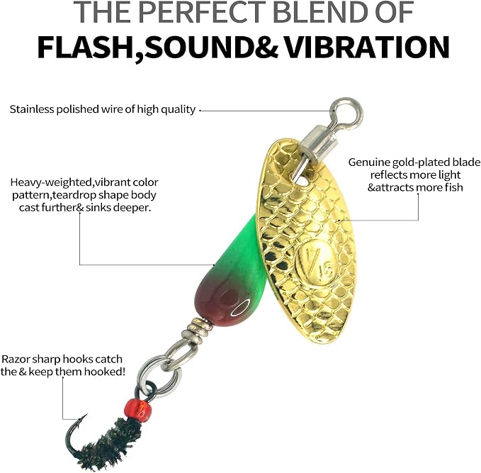 Trout Spinners - Fly Trout Fishing Lures for Bass Salmon Pike, Smallmouth Bass Lures with Brass Spinner for Lake River Fishing