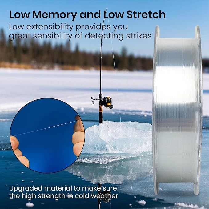 Pristis Fluorocarbon Coated Ice Fishing Line, 220 Yds Clear Abrasion Resistant Copolymer High Strength Nylon Line with Spool, Superior No Freezing Low Memory Premium Quality for Saltwater Freshwater