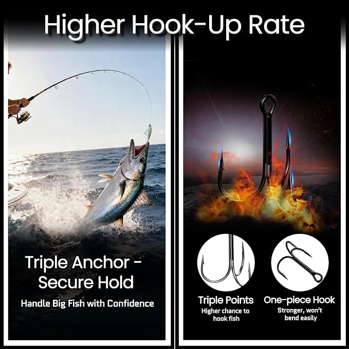 FishTrip 25/10/90/200pcs Fishing Treble Hooks, High Carbon Steel Triple Fishing Hooks with Ultra Brabed Sharp for Saltwater Freshwater Black, Treble Hook for Bass Trout Fishing Lures Replacement