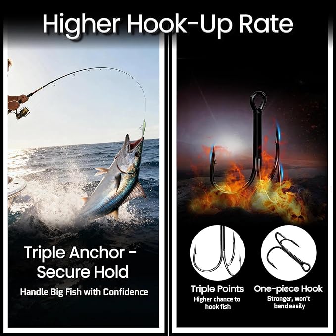 FishTrip 25/10/90/200pcs Fishing Treble Hooks, High Carbon Steel Triple Fishing Hooks with Ultra Brabed Sharp for Saltwater Freshwater Black, Treble Hook for Bass Trout Fishing Lures Replacement
